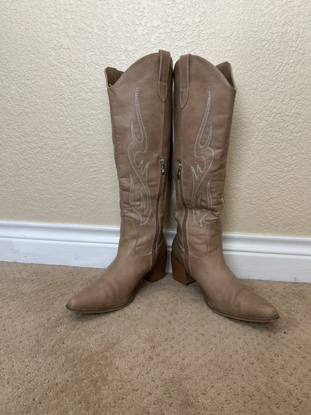 Taupe Faux Leather Western Boots with Flame Stitching, Size 10